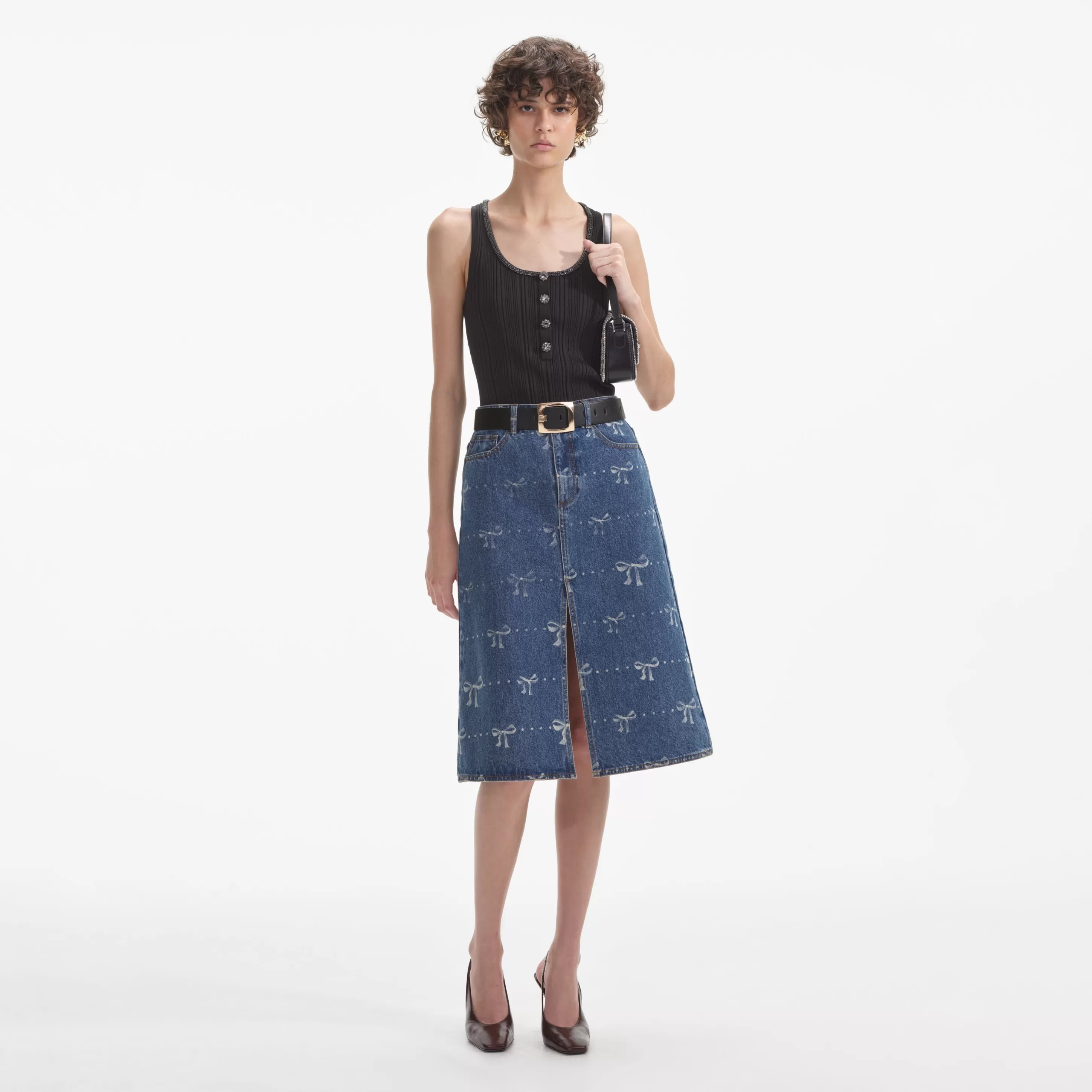 Hot Print Denim Midi Skirt Denim | Bottoms