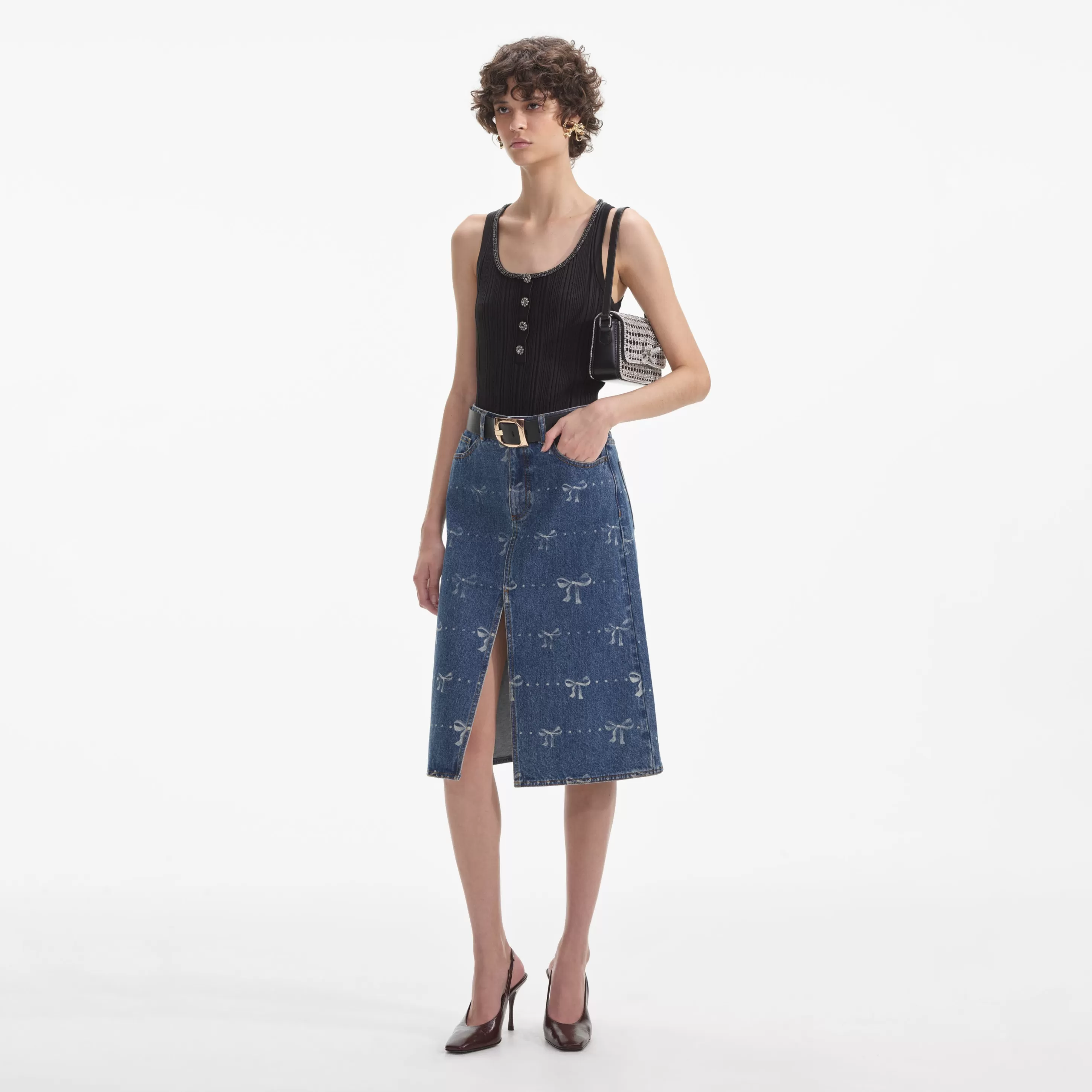 Hot Print Denim Midi Skirt Denim | Bottoms