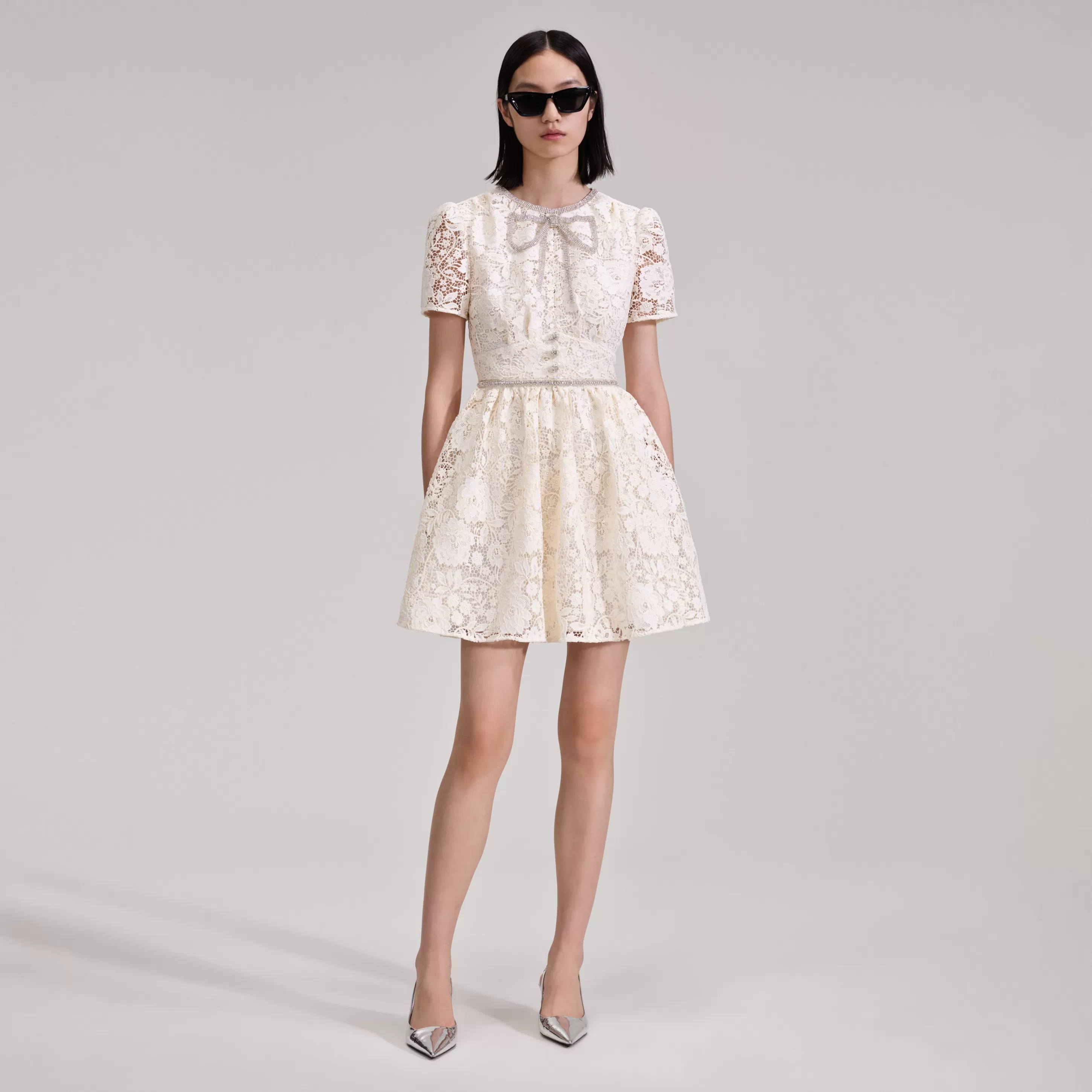 Discount Cord Lace Bow Mini Dress Bridal