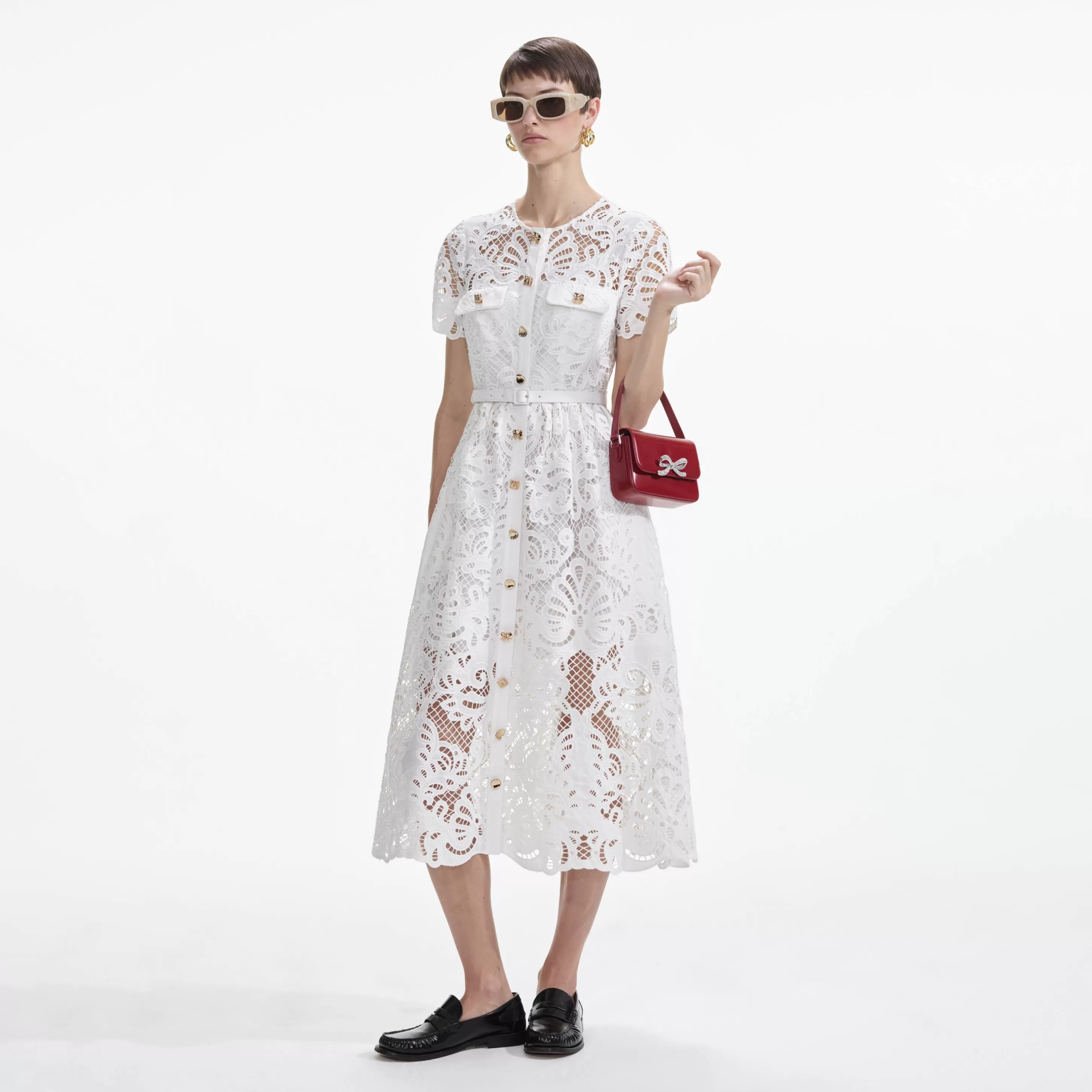 Fashion Cotton Lace Button Midi Dress Dresses